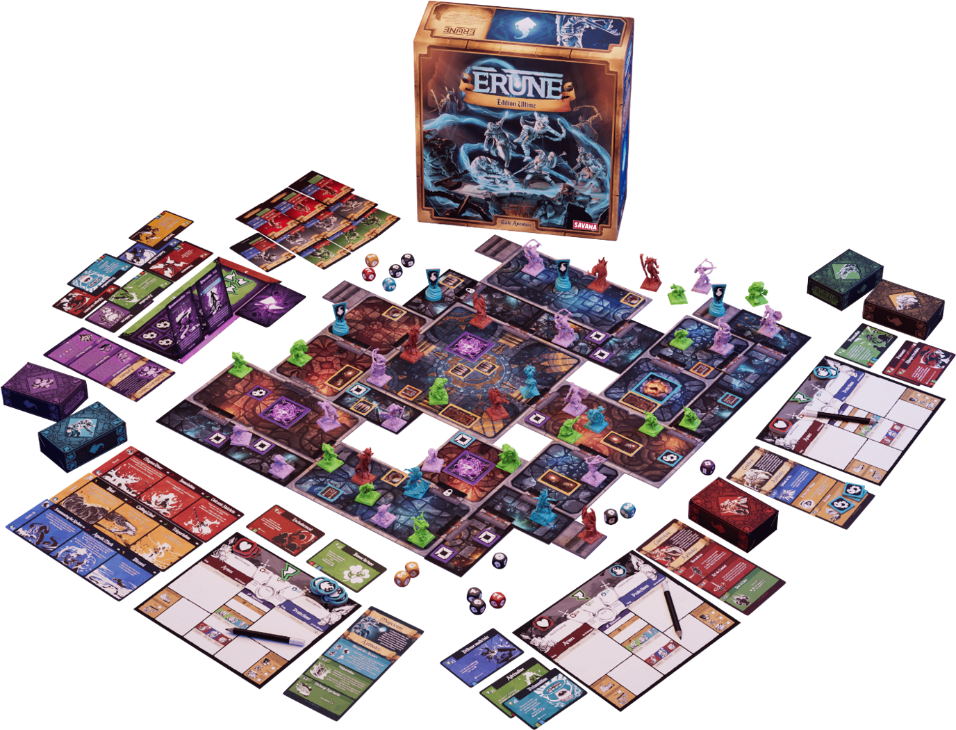 Erune board game contents: miniatures, dungeon tiles, cards and dice