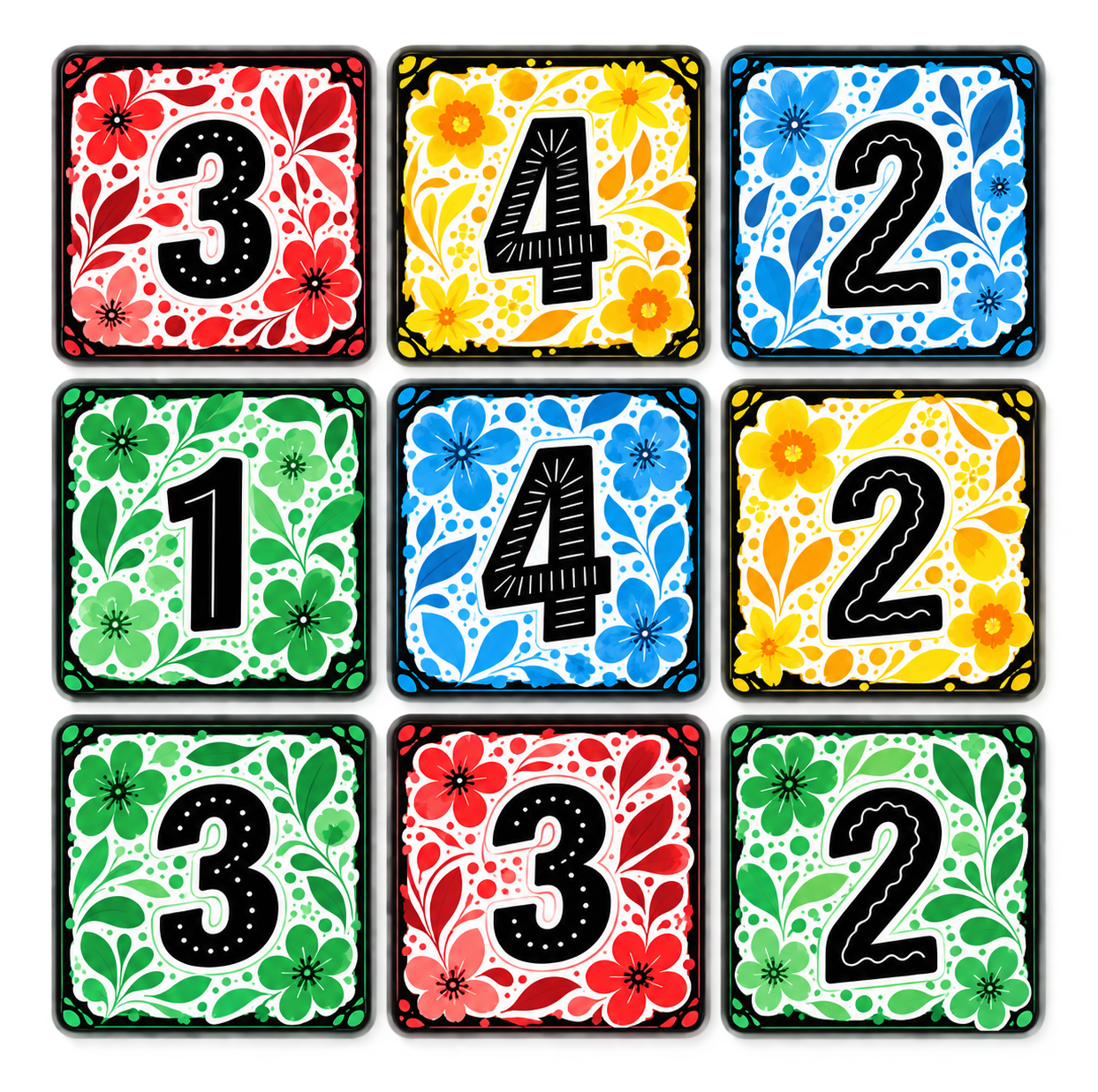 Grid of colorful numbered Flowers cards