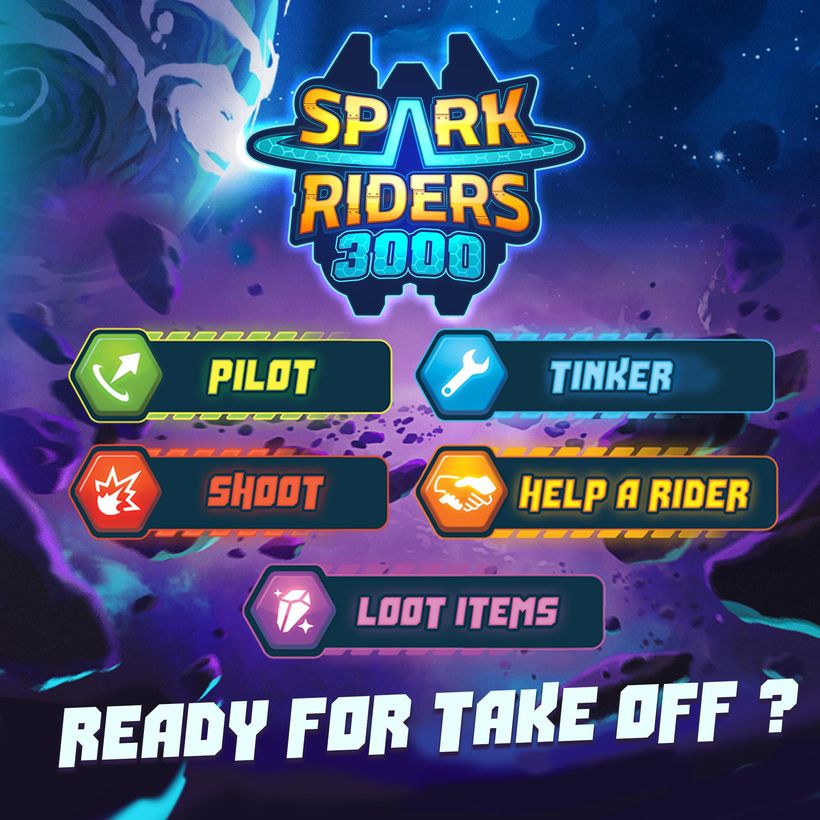 The five Spark Riders 3000 actions: pilot, tinker, shoot, help a Rider, loot items