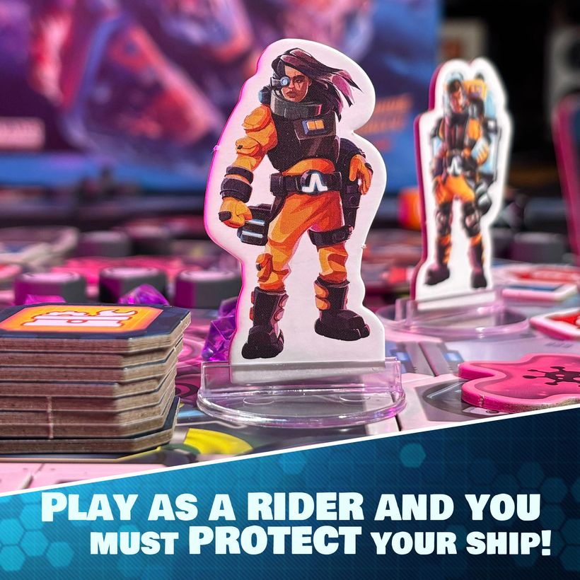 Spark Riders 3000 crew standee and card stacks